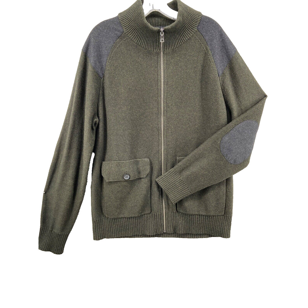 Banana Republic Sweater Men Sz Large Green Gray Wool Full Zip Elbow Patch Cabin